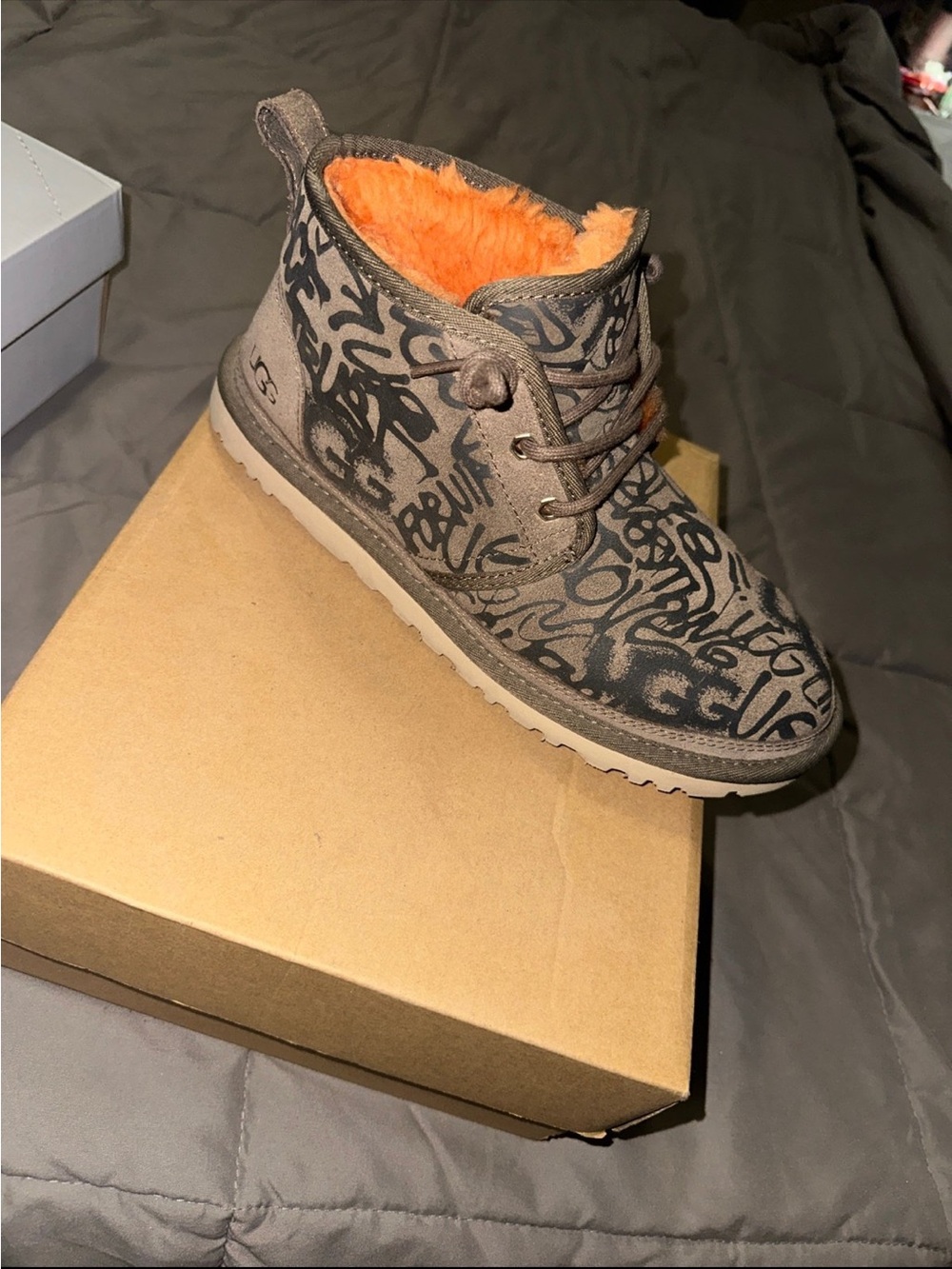 UGG womesn Brown Graffiti Ankle Boots with Orange Lining